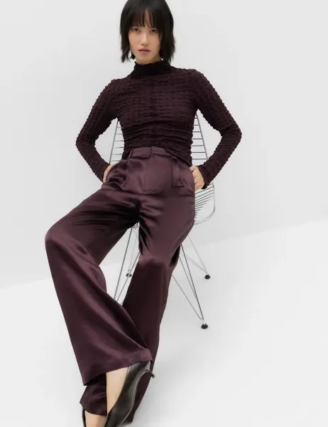 Marks & Spencer Satin Pleated Straight Leg Trousers Dark Aubergine