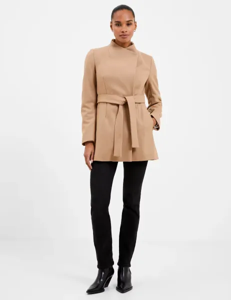 French Connection Wool Blend Belted Wrap Coat Brown