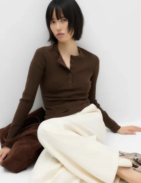 Marks & Spencer Ribbed Henley Neck Fitted Knitted Top With Wool Nutmeg
