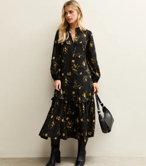 New Look Women's Petite Black Botanical Crepe Smock Midi Dress