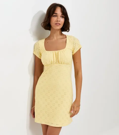 Women's Light Yellow Broderie Anglaise Ruched Bodice Mini Dress
