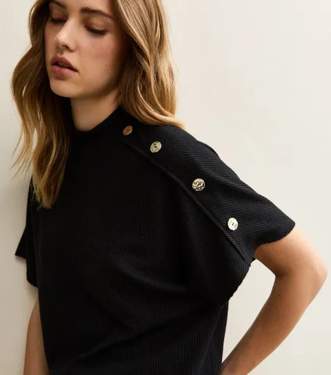 Women's Black Faux Button Batwing Textured Short Sleeve Top