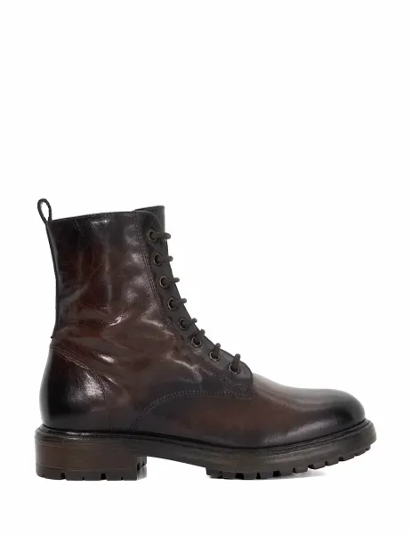 Dune London Leather Chunky Block Heel Ankle Boots Dark Brown