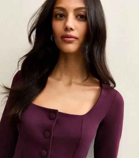 Women's Dark Burgundy Jersey Buttoned Square Neck Top