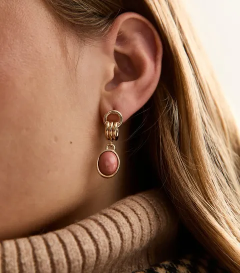Gold Tone Coral Enamel Oval Drop Earrings