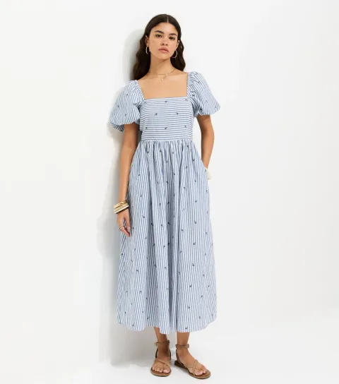 Women's Blue Cotton Striped Floral Milkmaid Midi Dress