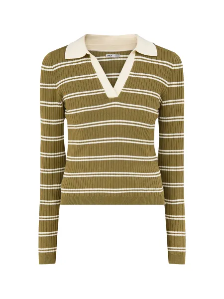 Only Kaya Long-Sleeved Stripe Polo Knit Jumper - Baby's Breath / Sphagnum