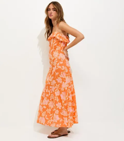 Women's Orange Cotton Floral Pattern Strappy Ruffle Midi Dress