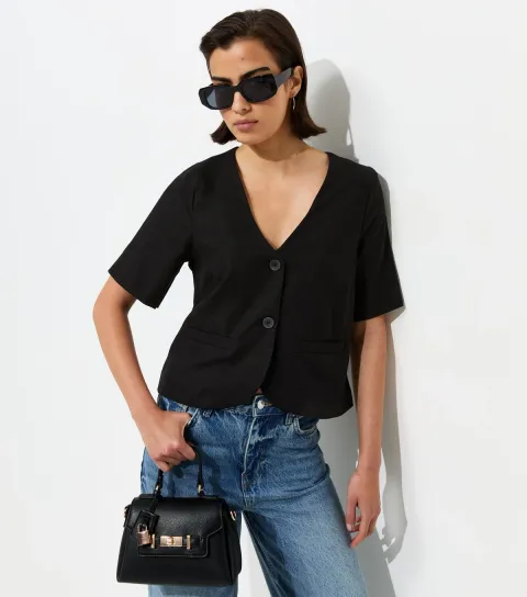 Women's Black Linen-Rich Button Front Top