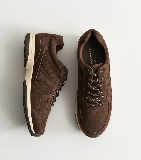 Women's Dark Brown Faux Suede Panelled Lace Up Trainers Vegan