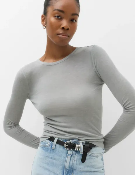 Marks & Spencer Wool Touch Long Sleeve Layering Slim Top Grey Marl