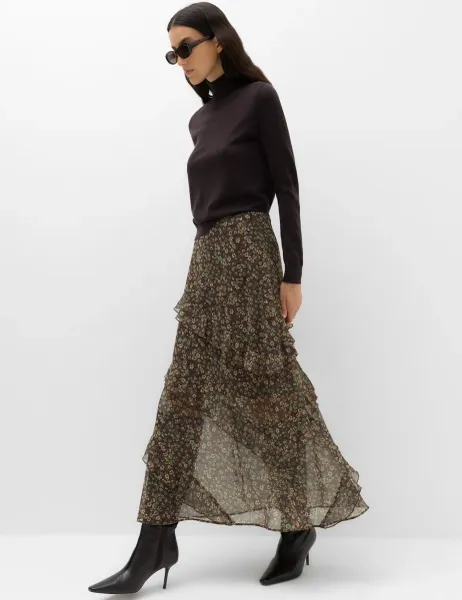 Marks & Spencer Floral Midi Tiered Skirt Brown Mix