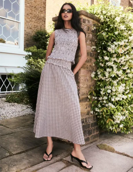 Nobody's Child Pure Cotton Checked Midi Slip Skirt Navy