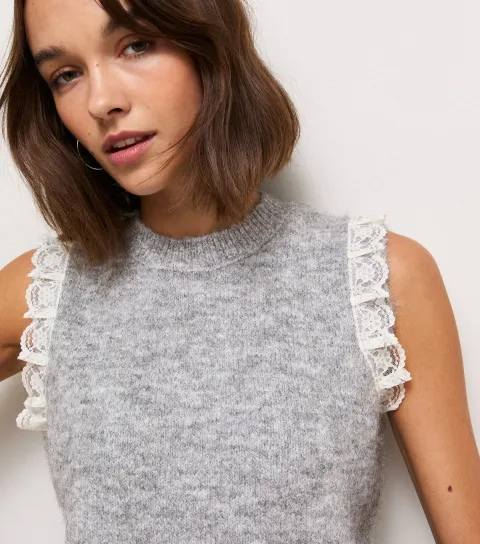 Women's Light Grey Knitted Lace Trim Vest
