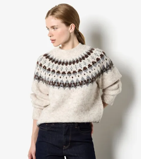 Women's Stone Fairisle Pattern High Neck Jumper