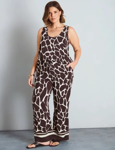 Live Unlimited London Animal Print Elasticated Waist Wide Leg Trousers Brown Mix