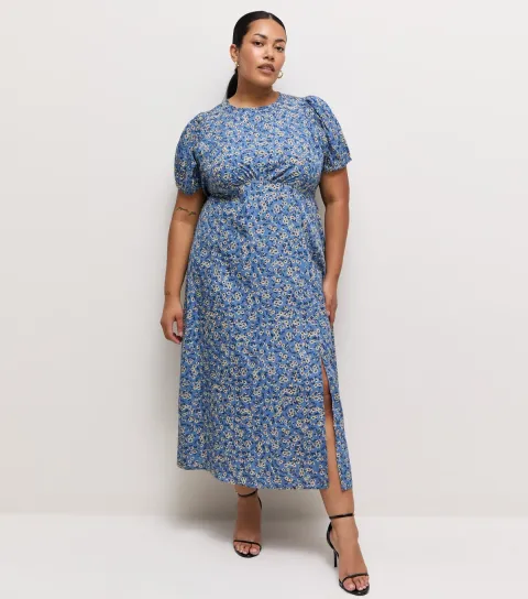 Women's Plus Size Blue Ditsy Print Crew Neck Midi Dress Curves