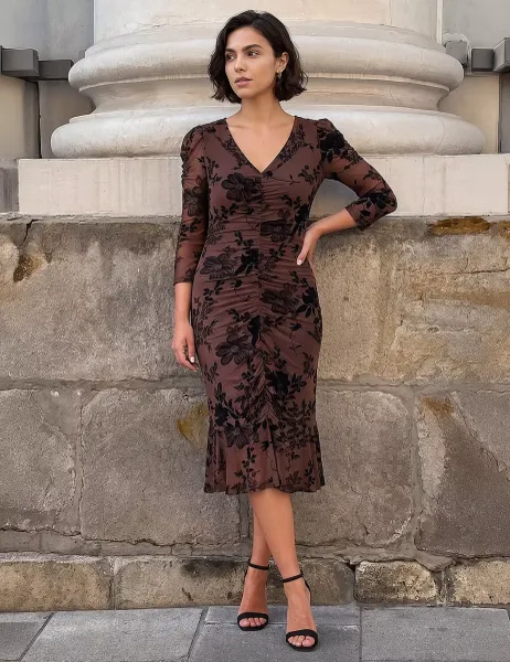 Roman Floral Frill Detail Midi Bodycon Dress Chocolate