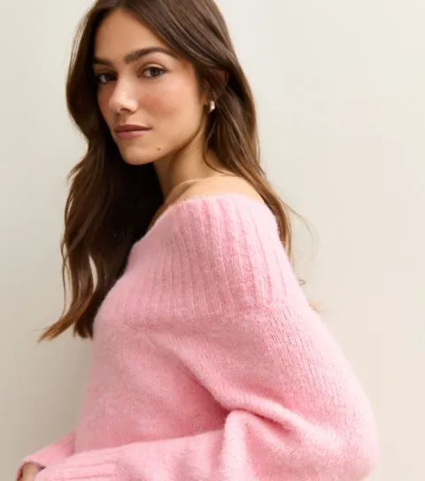 Women's Petite Bright Pink Knitted Bardot Top