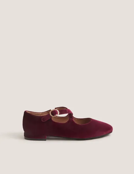 Monsoon Velvet Flat Mary Jane Ballet Pumps Burgundy