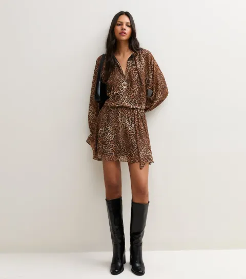 New Look Women's Brown Chiffon Leopard Print Long Sleeve Mini Dress