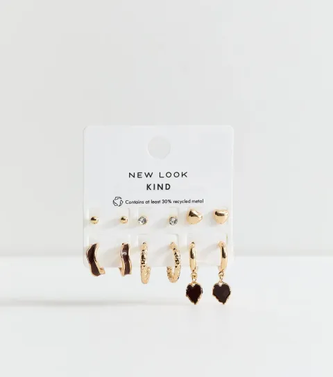 Gold Tone Pack of 6 Mini Heart Stud Brown Enamel Earrings
