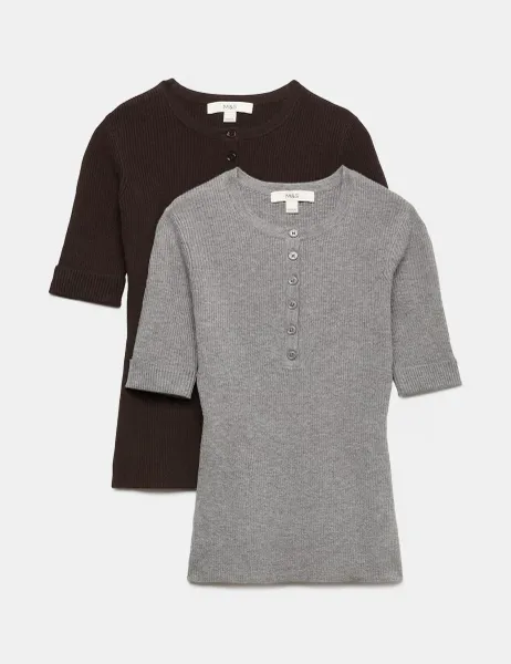 Marks & Spencer 2 Pack Ribbed Knitted Tops with Wool Multi