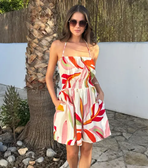 Women's Multicolour Leaf Print Tie Neck Mini Dress