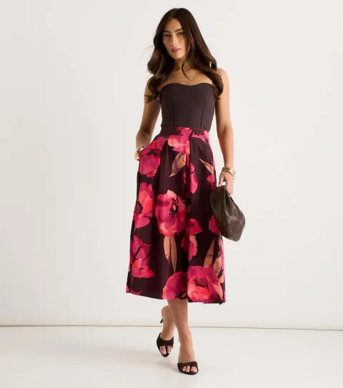Women's Brown Floral Pleated Midi Skirt
