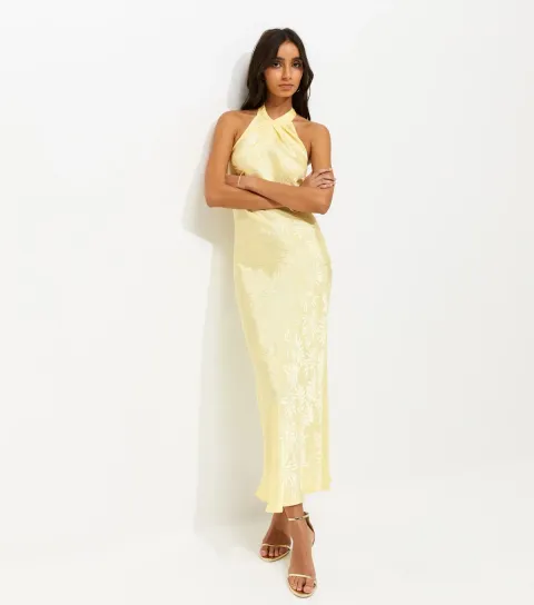 New Look Women's Coral Palm Leaf Jacquard Halter Neck Maxi Dress