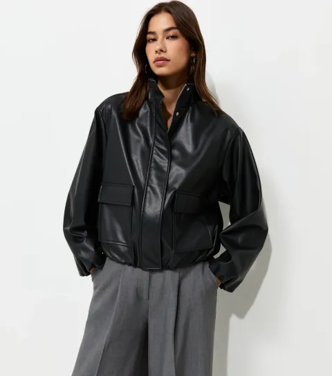 Women's Black Faux Leather High Neck Jacket