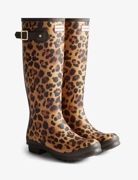 Leopard Print Knee High Wellies Brown Mix