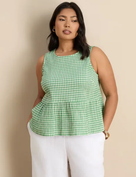 Live Unlimited London Cotton Rich Gingham Round Neck Peplum Top Green Mix