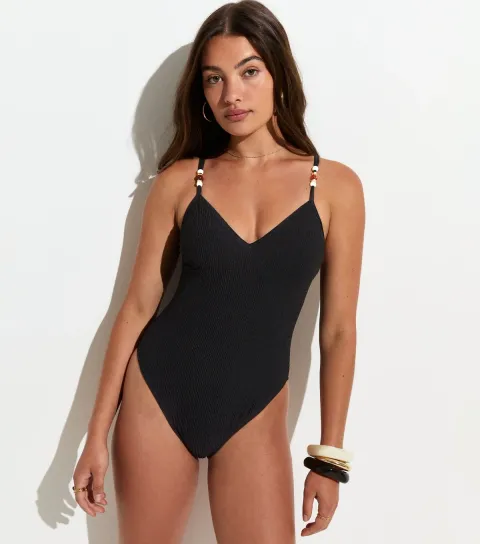 Women's Black Tummy Control Beaded Strap Swimsuit