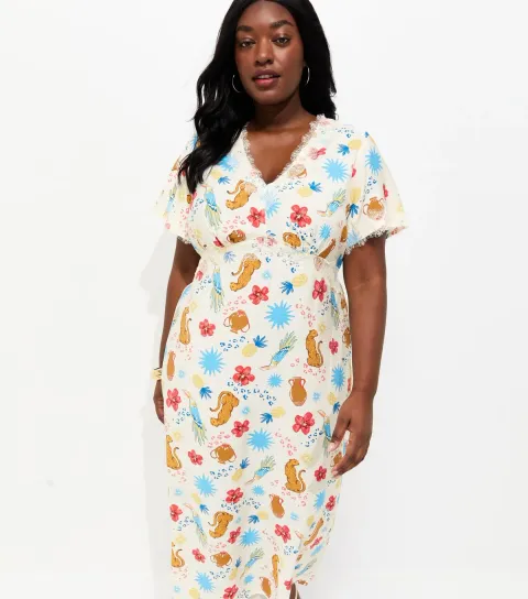 Women's Plus Size Cream Animal Print Tea Midi Dress Curves