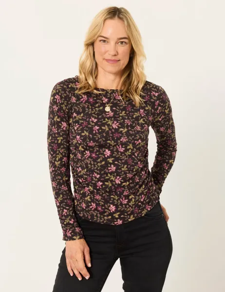 FatFace Floral Ruched Top Brown Mix