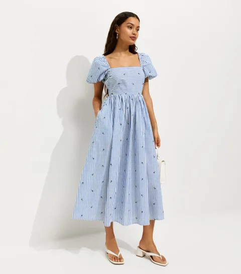 Women's Petite Blue Cotton Floral Stripe Print Milkmaid Puff Sleeve Midi Dress