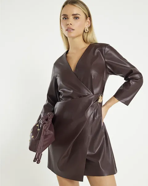 River Island Petite Faux Leather Wrap Mini Dress