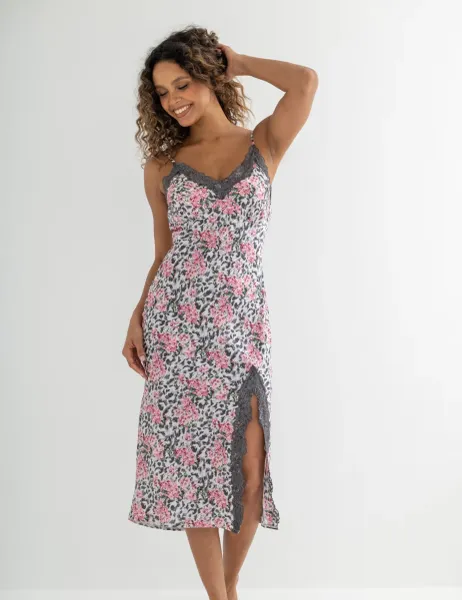 Pour Moi Dusk Satin and Lace Midi Chemise Grey Mix