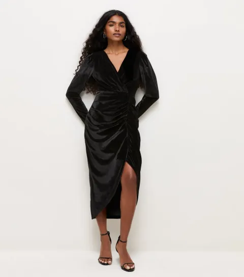 New Look Women's Petite Black Velvet Wrap Long Sleeve Midi Dress
