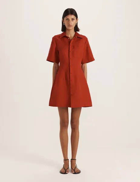 Saba Linen Blend Mini Shirt Dress Red