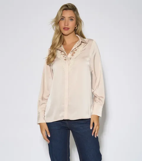 Gini London Women's Oatmeal Lace Trim Satin Shirt