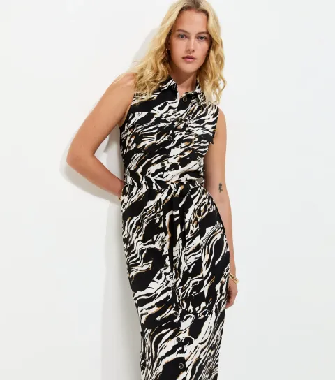 Women's Tall Black Zebra Print Sleeveless Midi Shirt Dress