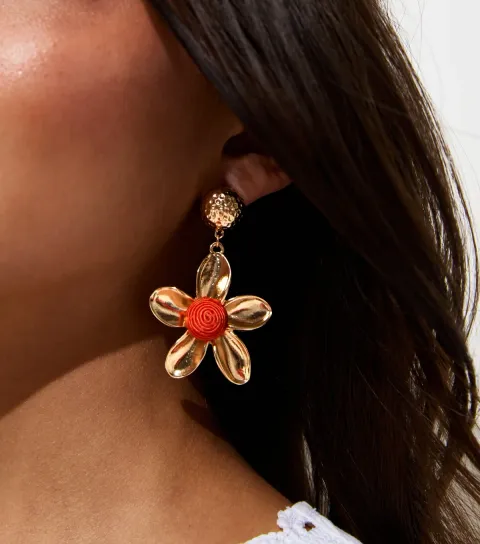 Gold Tone Orange Flower Drop Earrings