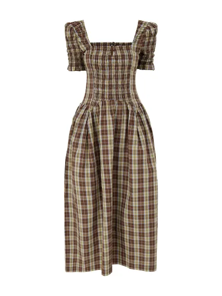Damson Madder Emmy Shirred Cocoa Check Midi Dress