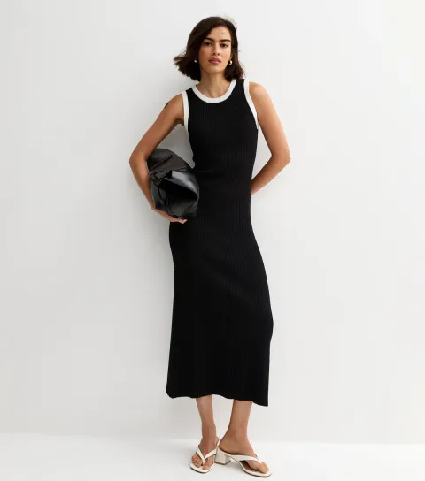Women's Black Contrast Tipping Midi Dress
