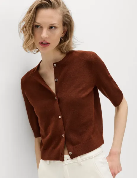 Marks & Spencer Air-Yarn Button Front Short Sleeve Cropped Cardigan Redwood