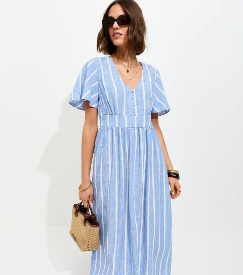 Women's Blue Stripe Woven Midi Dress
