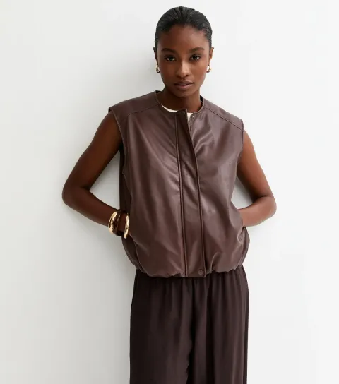 Women's Brown Faux Leather Sleeveless Bubble Hem Jacket