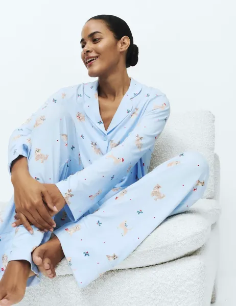 Marks & Spencer Soft Touch Printed Revere Pyjama Set Blue Mix